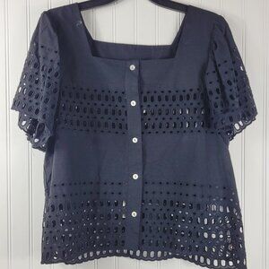 CALYPSO St Barth Black Boxy Short Sleeved Blouse, Cotton SZ Medium